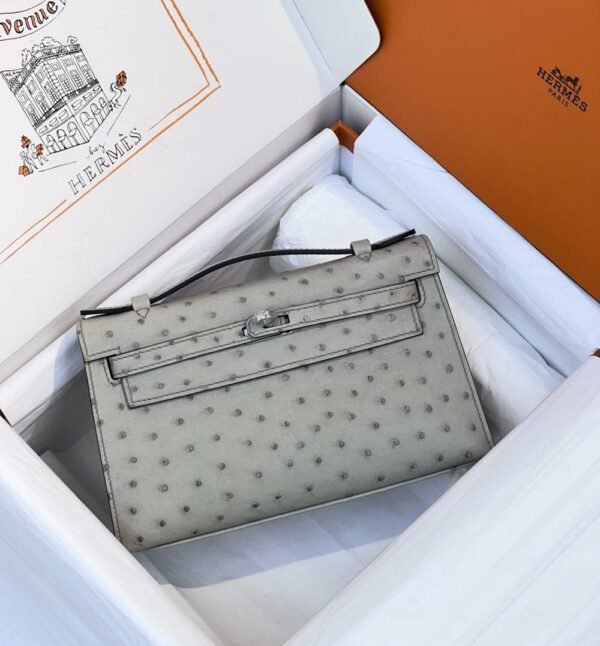 HM mini Kelly pochette 22cm Ostrich Glacier Grey Silver Buckle For Women Handbags HRMS