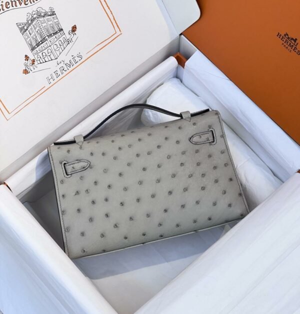 HM mini Kelly pochette 22cm Ostrich Glacier Grey Silver Buckle For Women Handbags HRMS