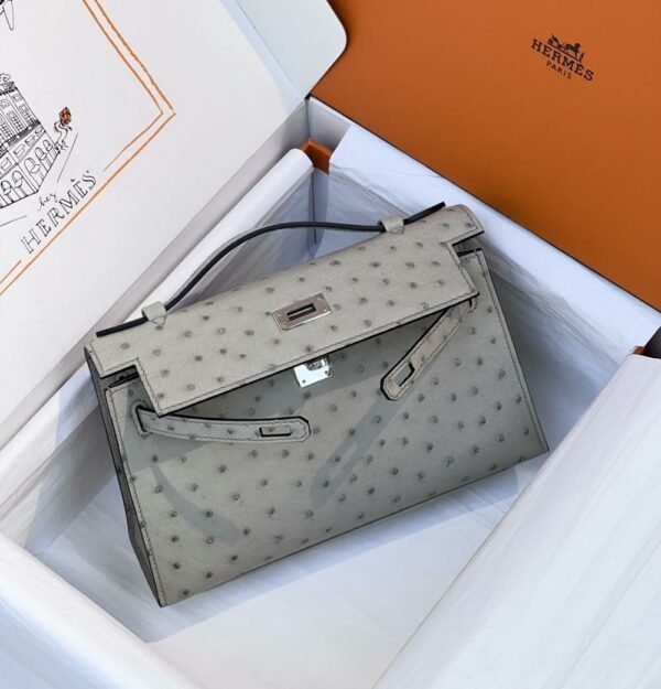 HM mini Kelly pochette 22cm Ostrich Glacier Grey Silver Buckle For Women Handbags HRMS
