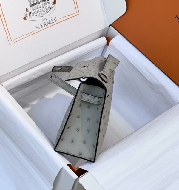 HM mini Kelly pochette 22cm Ostrich Glacier Grey Silver Buckle For Women Handbags HRMS