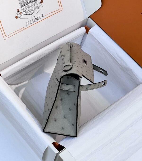 HM mini Kelly pochette 22cm Ostrich Glacier Grey Silver Buckle For Women Handbags HRMS
