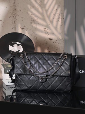 CHL Second-hand | Black and silver three-chain caviar leather airport bag