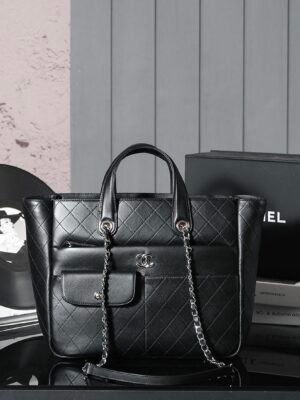 CHL Black and silver leather tote airport bag zipper shopping bag 37cm
