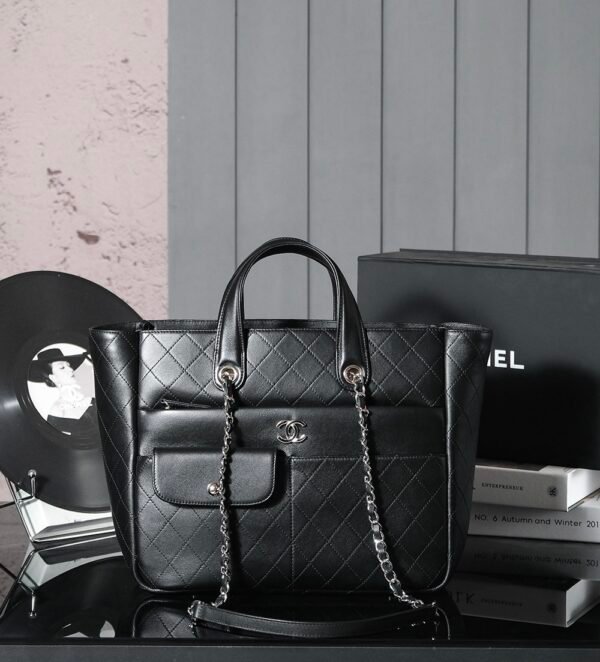 CHL Black and silver leather tote airport bag zipper shopping bag 37cm