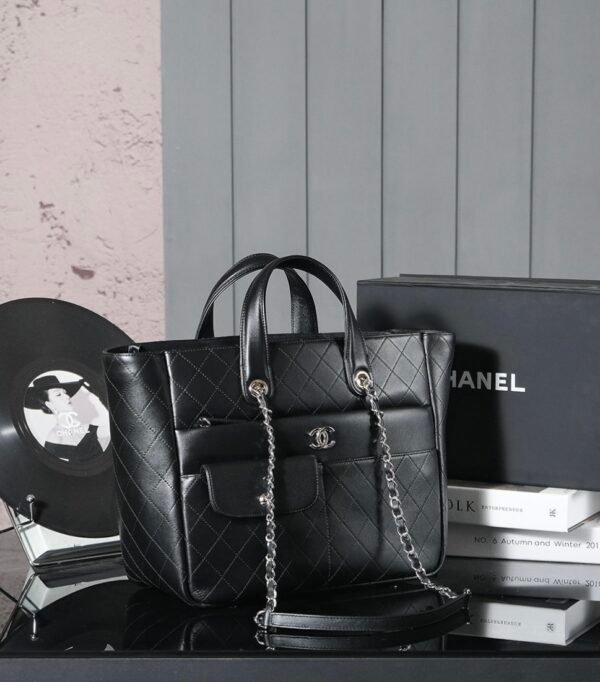 CHL Black and silver leather tote airport bag zipper shopping bag 37cm