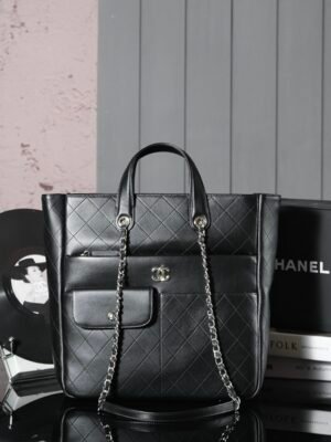 CHL Black and silver leather tote airport bag zipper shopping bag 39.5cm