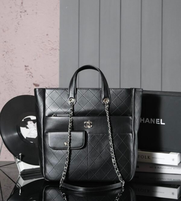 CHL Black and silver leather tote airport bag zipper shopping bag 39.5cm