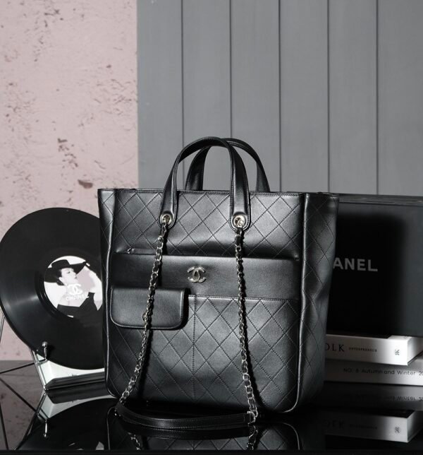 CHL Black and silver leather tote airport bag zipper shopping bag 39.5cm