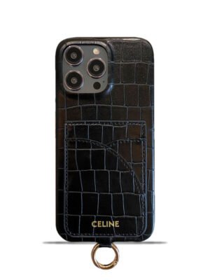 Alligator Print Celine iPhone Case With Card Holder And Strap Blcak -EYP241415
