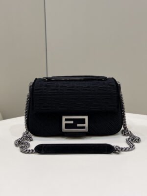 FI Baguette Chain Midi Black FF Fabric Bag For Woman 14.5cm/6in