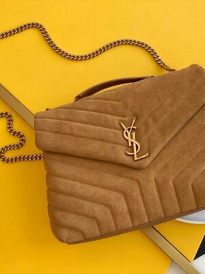 YSSL Loulou Medium Chain Bag In Matelasse "Y" Brown With Gold Hardware For Women 12.5in/32cm YSL 5749461U8C77761