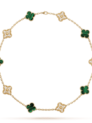 18K Vintage Alhambra Malachite Diamonds 10 Motifs Necklace