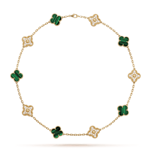 18K Vintage Alhambra Malachite Diamonds 10 Motifs Necklace