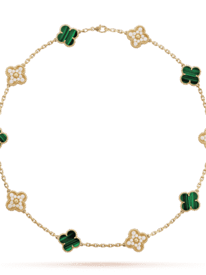 18K Vintage Alhambra Malachite Diamonds 10 Motifs Necklace