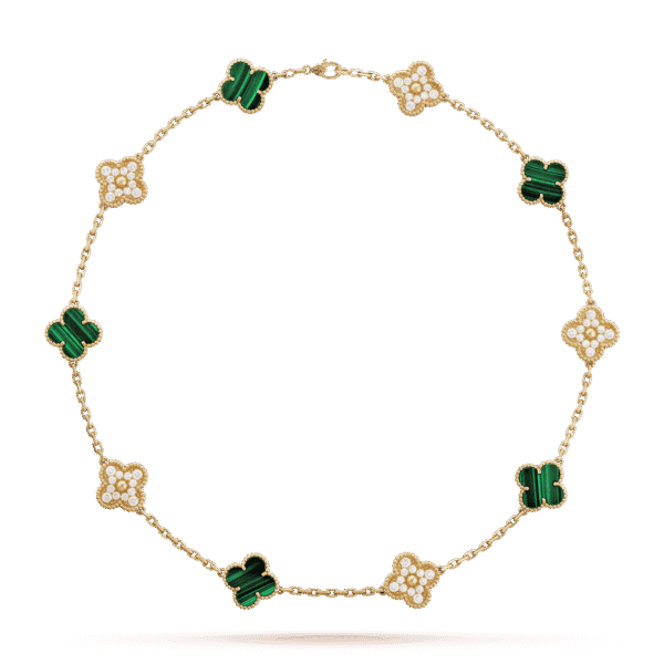 18K Vintage Alhambra Malachite Diamonds 10 Motifs Necklace