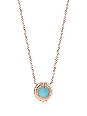 18K T Diamond & Turquoise Circle Pendant Necklace