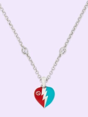 Double G Interlocking G Heart Lightning Charm Necklace