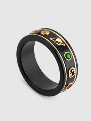 18K Double G Icon With Gemstones Black Corundum Ring