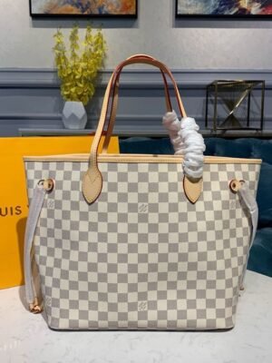LV Neverfull MM Tote Bag Damier Azur Canvas Rose Ballerine Pink For Women, WoBags, Shoulder Bags 12.2in/31cm LV N41605