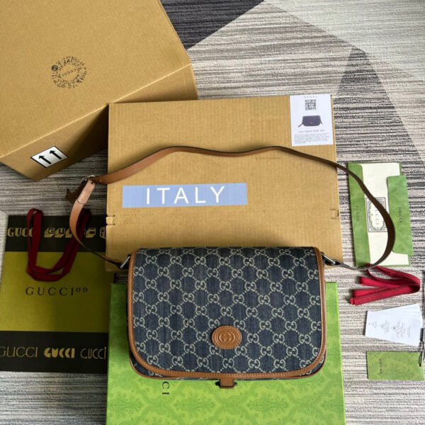 gg Children’s gg? Messenger Bag Dark Blue And Ivory Eco Washed Organic gg Jacquard Denim For Women? 11.4in/29cm gg