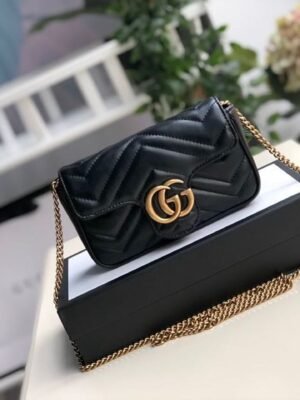 gg Marmont Matelass¨¦ Super Mini Bag Dusty Black Chevron For Women 6.2in/16.5cm 476433 DTDCT 1000