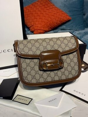 gg Horsebit 1955 Shoulder Bag Beige/Ebony gg Supreme Canvas With Brown For Women 9.8in/25cm gg ?602204 92TCG 8563