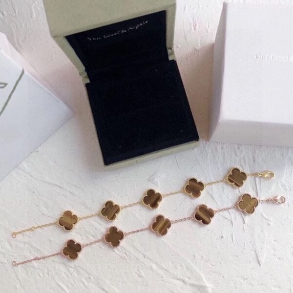18K Vintage Alhambra Five Motifs Tiger Eye Clover Bracelet