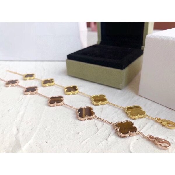18K Vintage Alhambra Five Motifs Tiger Eye Clover Bracelet