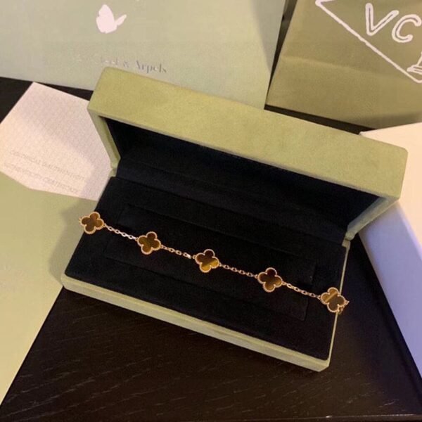 18K Vintage Alhambra Five Motifs Tiger Eye Clover Bracelet