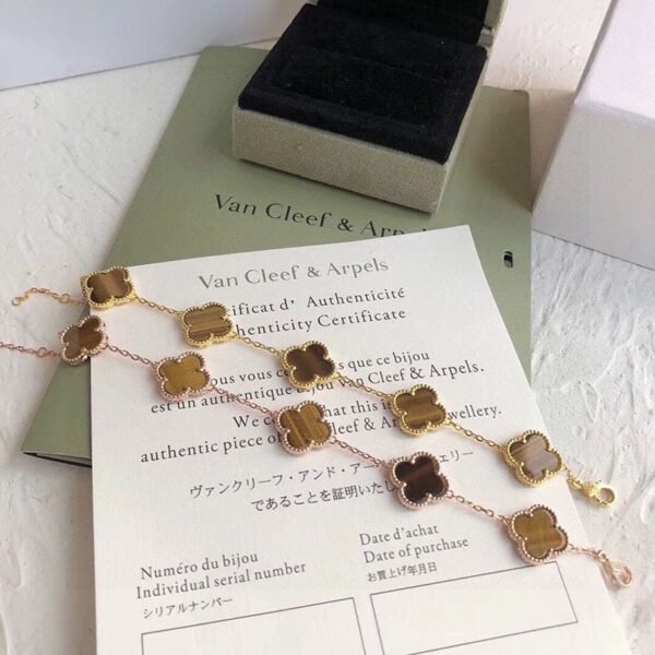 18K Vintage Alhambra Five Motifs Tiger Eye Clover Bracelet