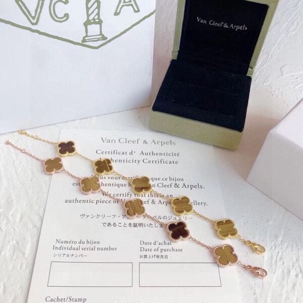 18K Vintage Alhambra Five Motifs Tiger Eye Clover Bracelet