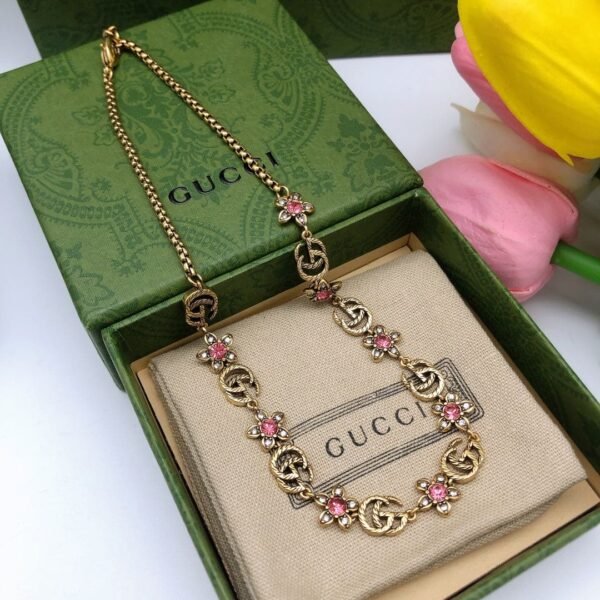 18K Double G Interlocking G Red Flowers Necklace