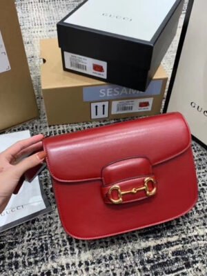 gg Horsebit 1955 Shoulder Bag Red Textured With A Vintage Effect For Women 9.8in/25cm gg ?602204 1DB0G 6638