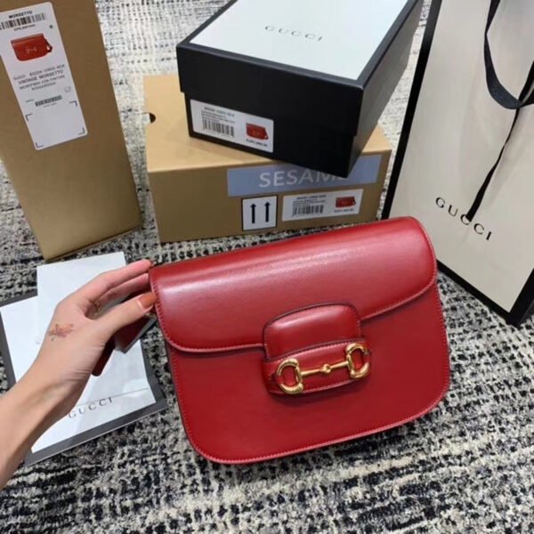 gg Horsebit 1955 Shoulder Bag Red Textured With A Vintage Effect For Women 9.8in/25cm gg ?602204 1DB0G 6638