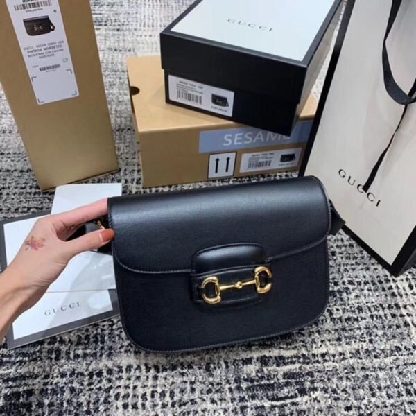 gg Horsebit 1955 Shoulder Bag Black Textured With A Vintage Effect For Women 9.8in/25cm gg ?602204 1DB0G 1000