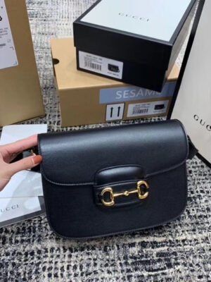 gg Horsebit 1955 Shoulder Bag Black Textured With A Vintage Effect For Women 9.8in/25cm gg ?602204 1DB0G 1000