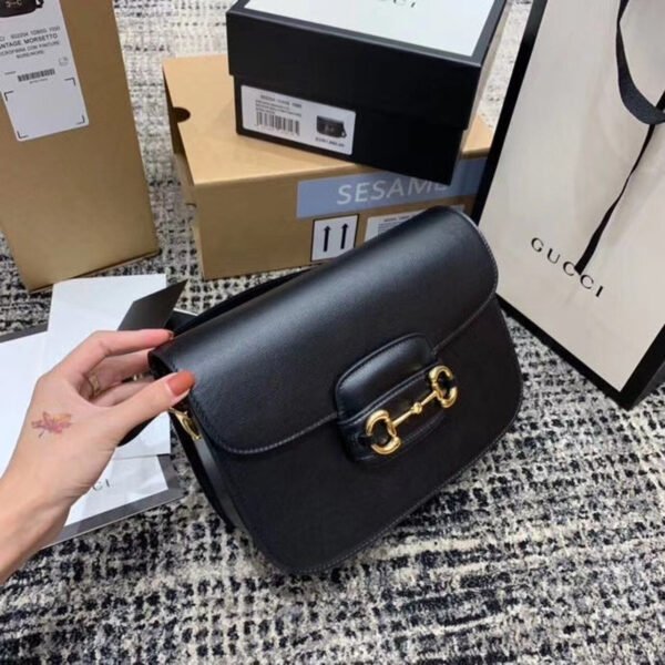 gg Horsebit 1955 Shoulder Bag Black Textured With A Vintage Effect For Women 9.8in/25cm gg ?602204 1DB0G 1000