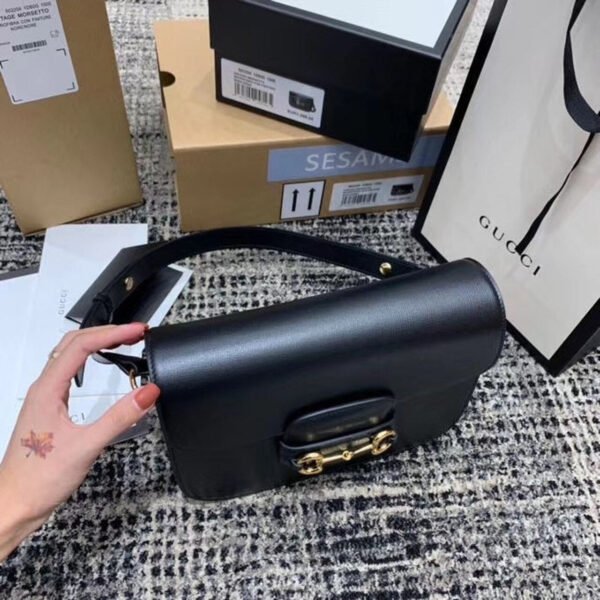 gg Horsebit 1955 Shoulder Bag Black Textured With A Vintage Effect For Women 9.8in/25cm gg ?602204 1DB0G 1000