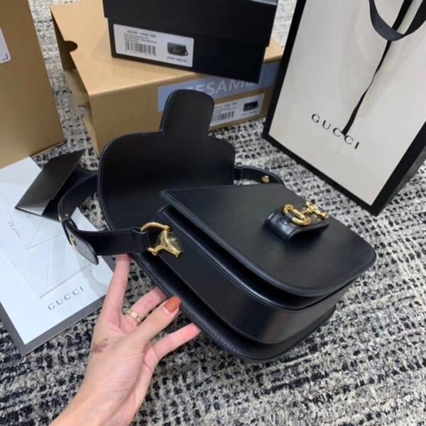 gg Horsebit 1955 Shoulder Bag Black Textured With A Vintage Effect For Women 9.8in/25cm gg ?602204 1DB0G 1000