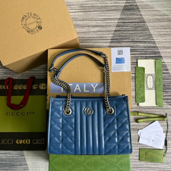 gg Marmont Medium Matelasse Tote Blue For Women, Women’s Bags 13.6in/34cm gg ??675796 UM8BF 4340