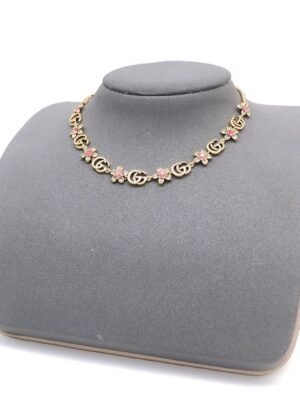 18K Double G Interlocking G Red Flowers Necklace