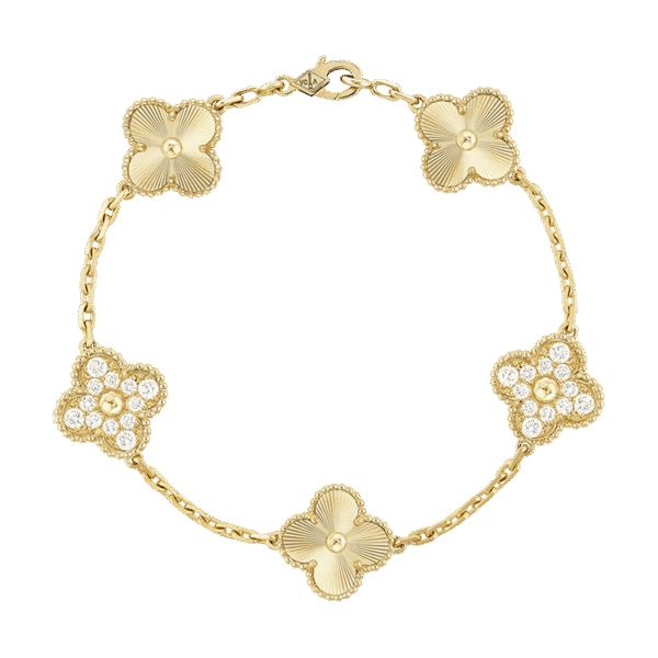 18K Vintage Alhambra Five Motifs Diamonds Clover Bracelet
