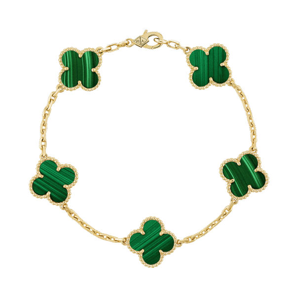 18K Vintage Alhambra Five Motifs Malachite Clover Bracelet