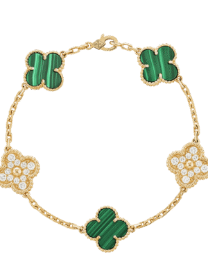 18K Vintage Alhambra Five Motifs Malachite Diamonds Clover Bracelet