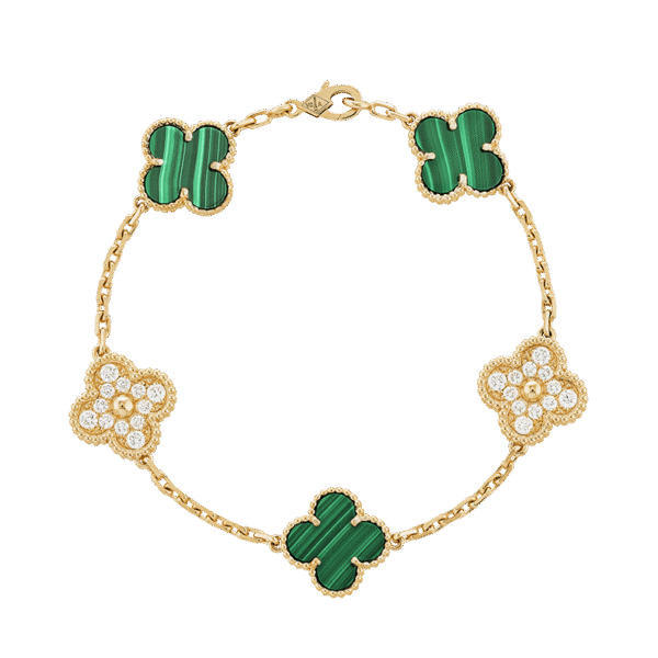 18K Vintage Alhambra Five Motifs Malachite Diamonds Clover Bracelet