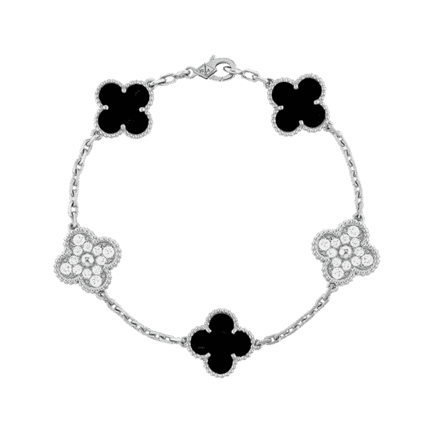 18K Vintage Alhambra Five Motifs Black Diamonds Clover Bracelet