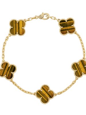 18K Vintage Alhambra Five Motifs Tiger Eye Clover Bracelet
