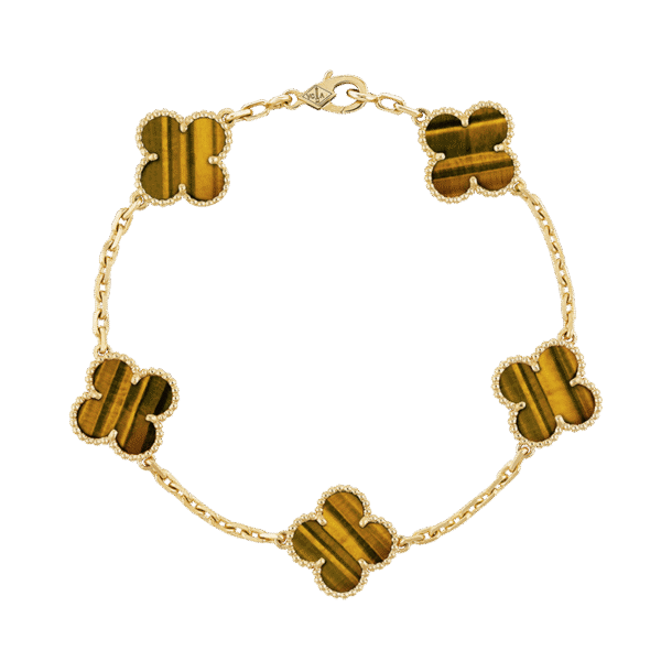 18K Vintage Alhambra Five Motifs Tiger Eye Clover Bracelet