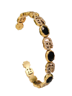 18K Double G Flowers Black Crystals Open Cuff Bracelet