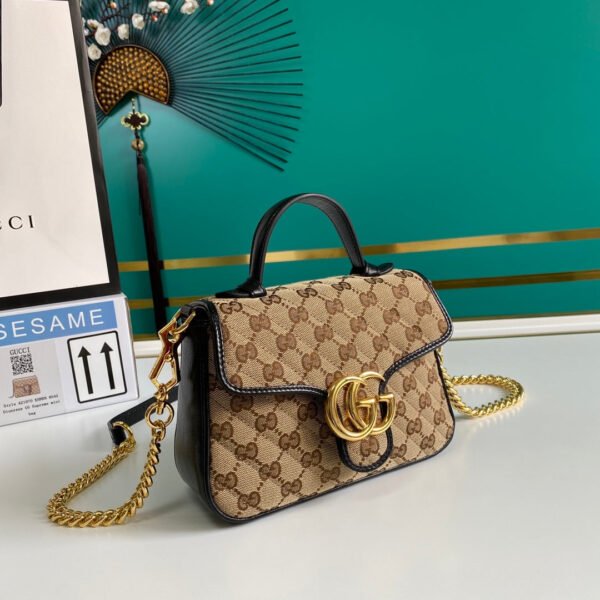 gg Ladies gg Canvas Marmont Mini Top Handle Bag Beige/Ebony Diagonal Matelass¨¦ Original gg Canvas 8.3in/21cm gg 583571 HVKEG 9772